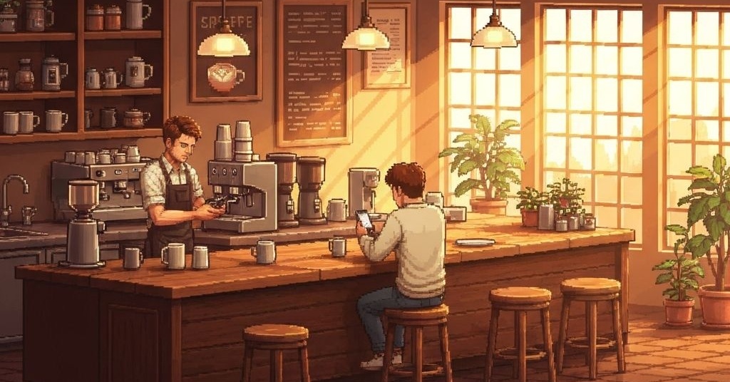 Pixel art illustration of a warm, inviting coffee shop scene