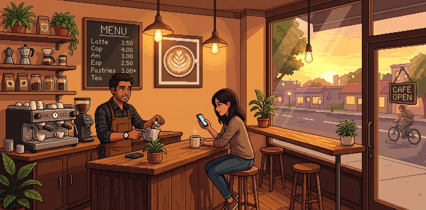 Pixel art illustration of a warm, inviting coffee shop scene